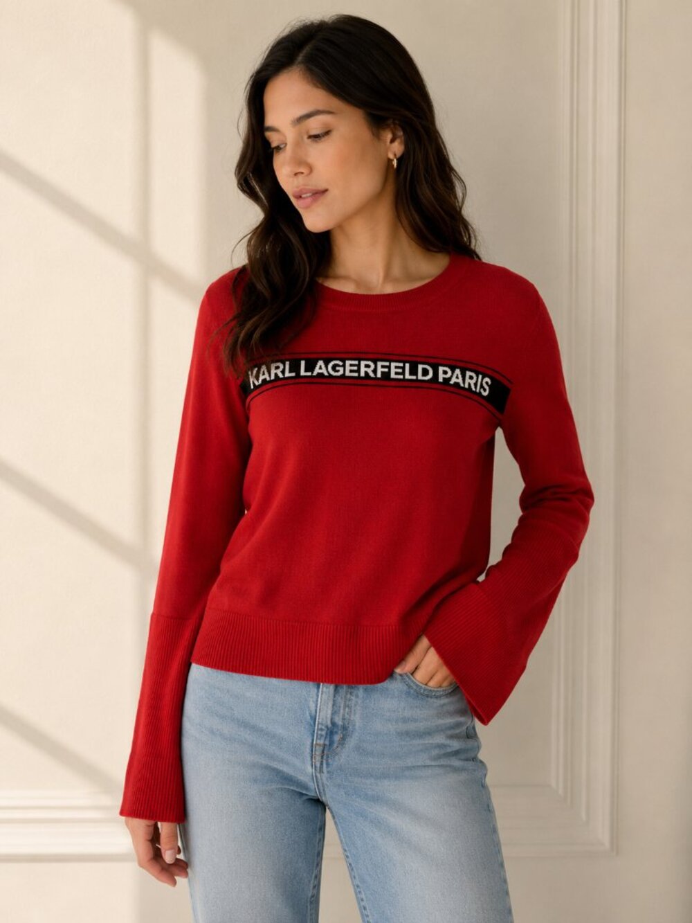 Karl Lagerfeld Paris Red Logo Sweater Large Bell Sleeve Knit Top 0802